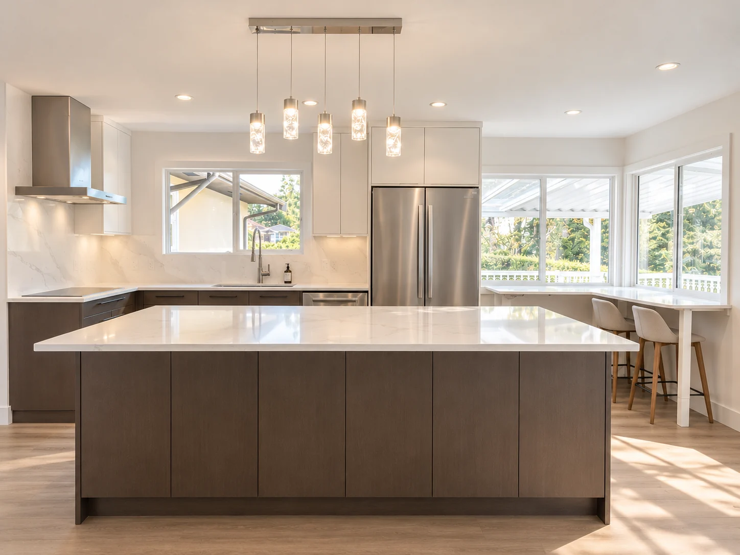 Kitchen after renovation: smoked-oak island with white quartz top, crystal pendants and a corner breakfast bar
